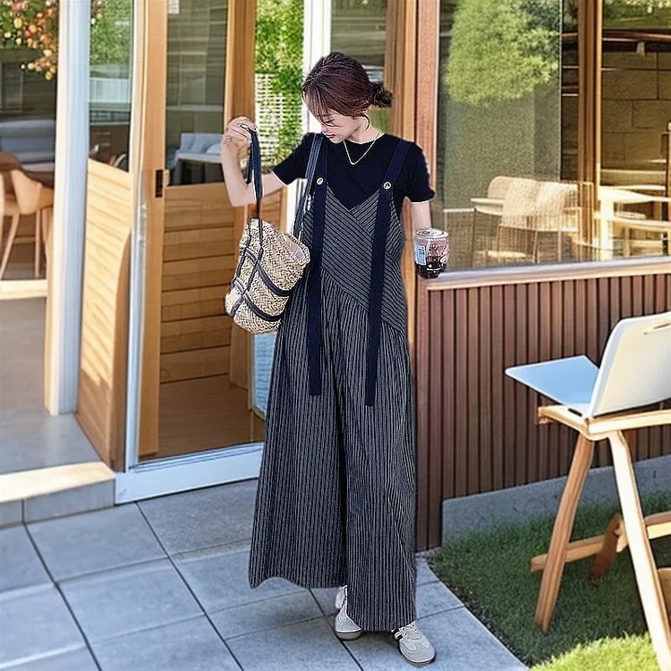 炸街条纹背带裤短袖T恤甜美可爱风格衣服时尚夏季遮肉女装套装