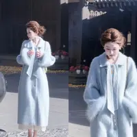 【婷婷】《一眼万年》 艺术气质蓝色拉绒慵懒贵气大衣25DK8019