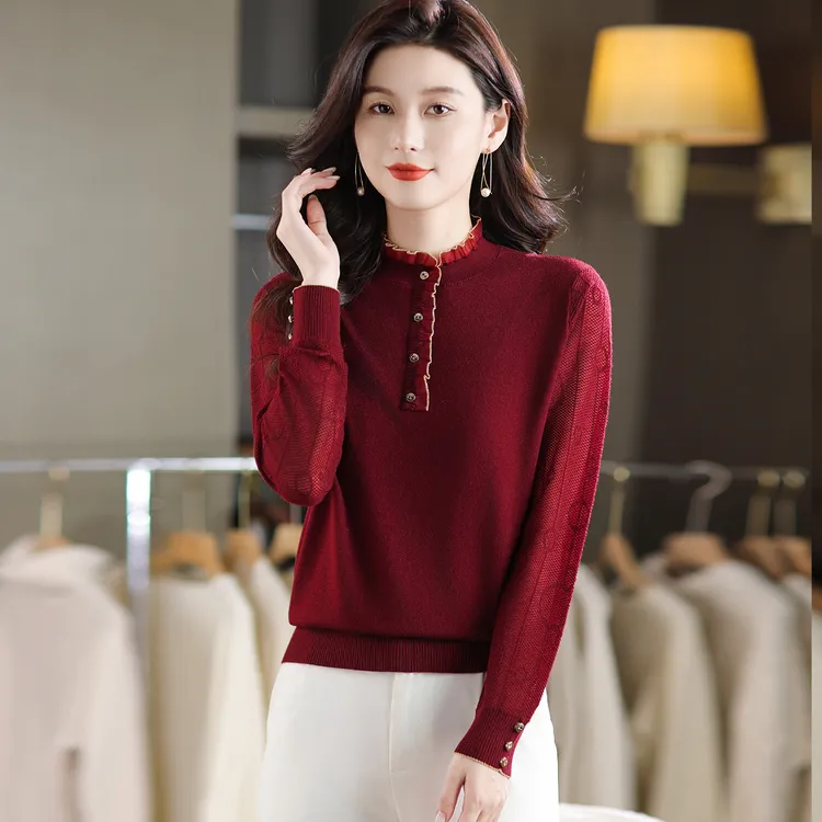 气质妈妈秋冬新款木耳领蕾丝长袖针织高档中年大码宽松显瘦打底衫