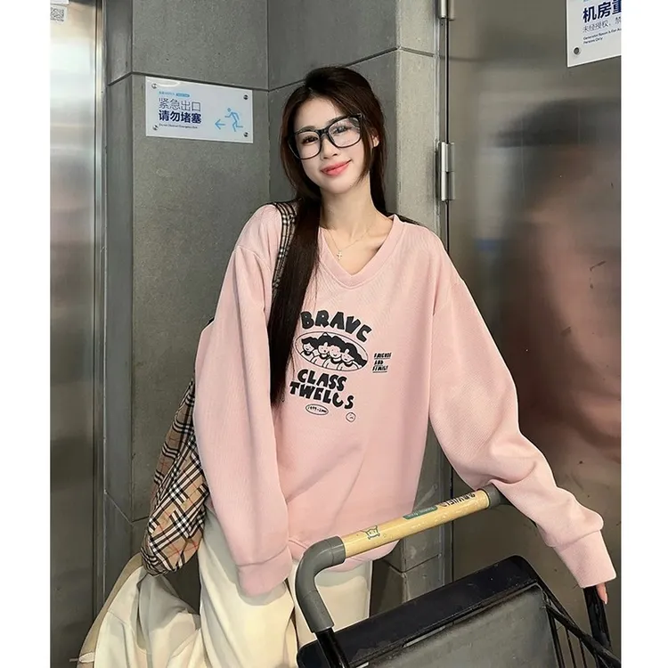 粉色印花v领卫衣女春秋2025新款内搭宽松慵懒风松弛感无帽上衣服