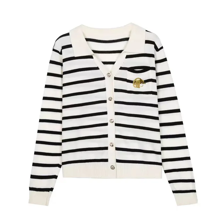 小香风v领长袖针织开衫女早秋2025新款修身短款打底上衣H809