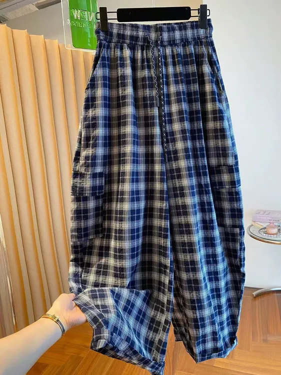 复古慵懒风格子裤女2025新款宽松休闲显瘦遮垮阔腿裤弯刀裤香蕉裤