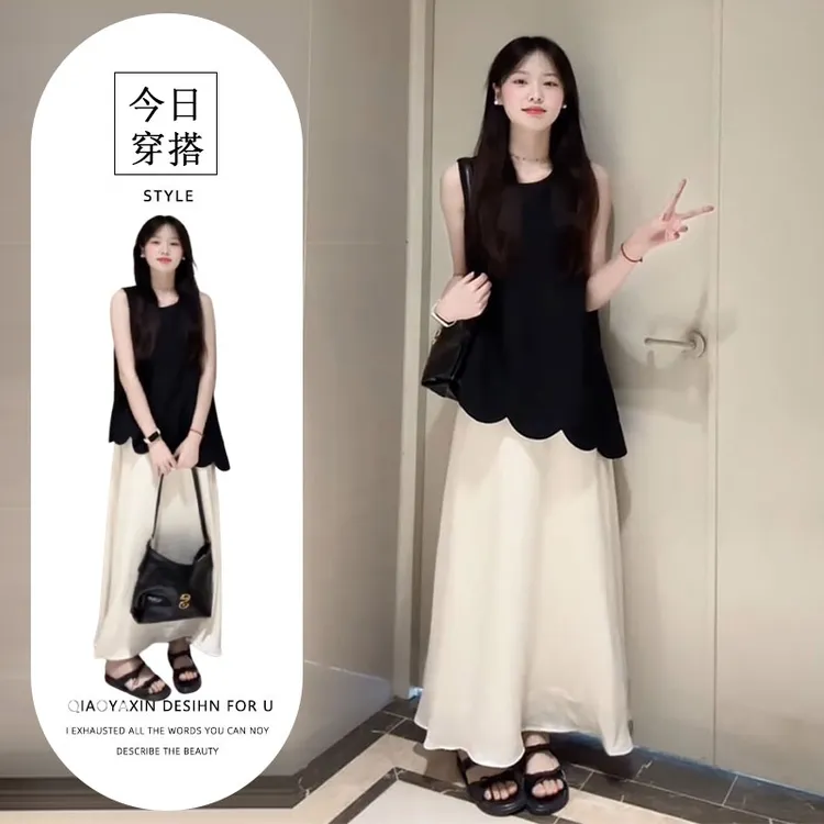 2025夏季超火假两件拼接设计感裙子小个子圆领a字长款背心连衣裙