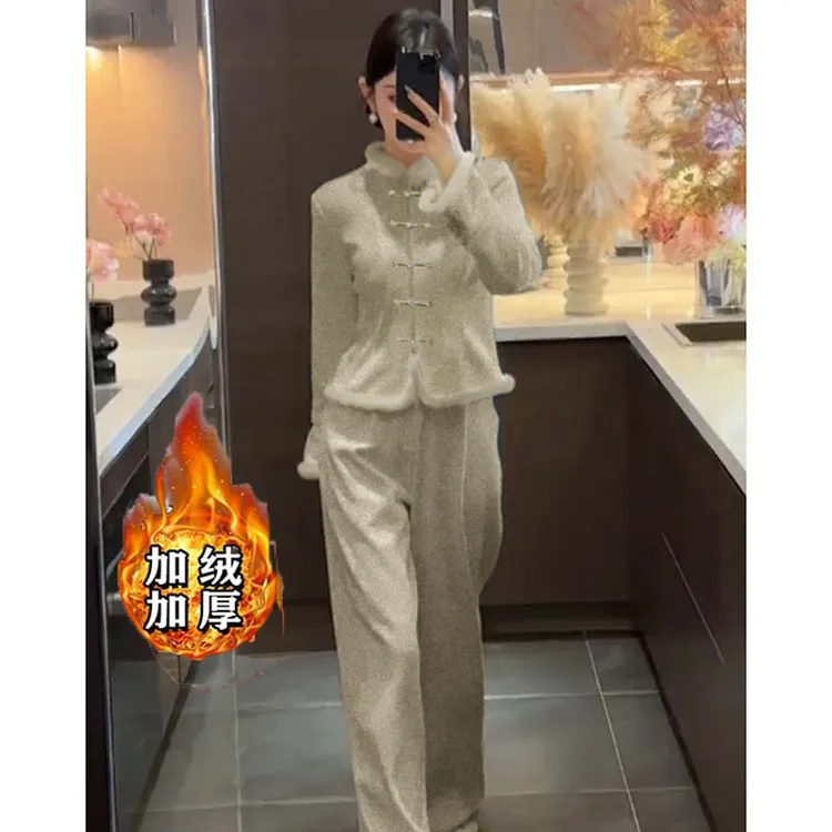 【加绒加厚】【两件套】盘扣上衣长裤套装复古外套裤子两件套D4032