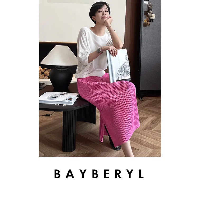 BAYBERYL老贝褶间裙*宅纯色H压褶弹开叉松紧腰半身裙YQ5D0322-4/5