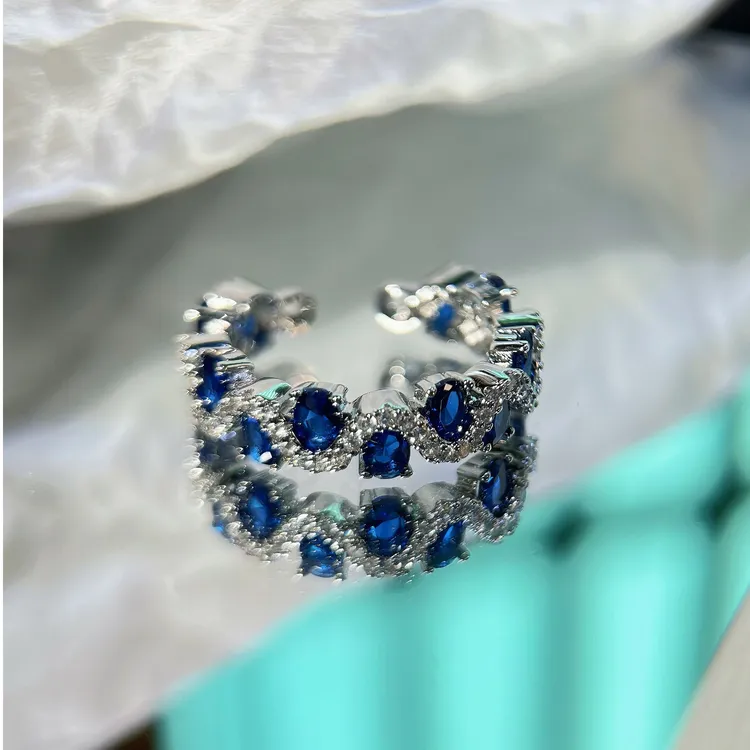 黄铜锆石戒指 可调节复古锆石开口戒指时尚饰品小众轻奢蓝色指环