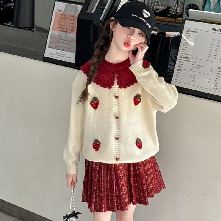 女童甜美春装学院风卡通草莓加厚针织毛衣开衫百褶裙洋气时髦套装