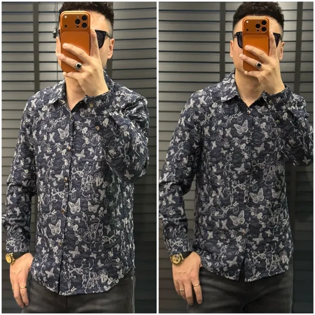 新款男士锦纶提花按扣长袖衬衫秋冬休闲修身时尚百搭