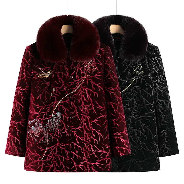 保暖棉袄70岁婆婆冬天服装中长款翻领中老年女装大码气质妈妈装