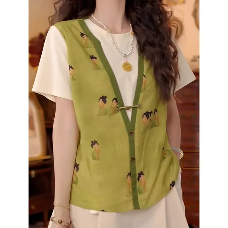 新中式圆领盘扣假两件T恤女2025夏季新款设计感百搭显瘦短袖上衣