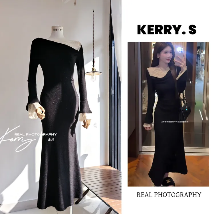 冬日女主角 法式荡领黑色长袖绒感连衣裙蕾丝拼接收腰长裙千金感