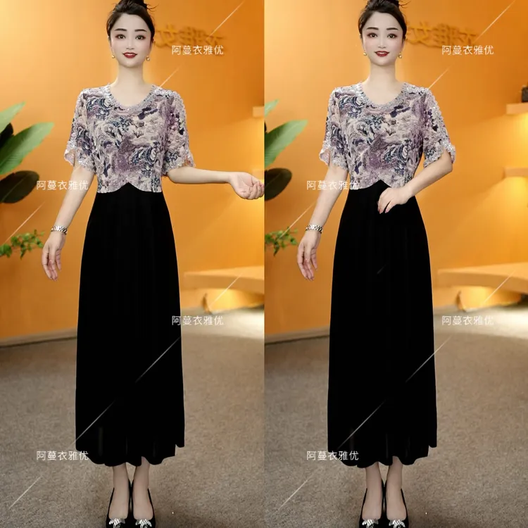 【衣雅严选】8076-1936#新款冰感丝弹力缎拼手工亮片假两件连衣裙