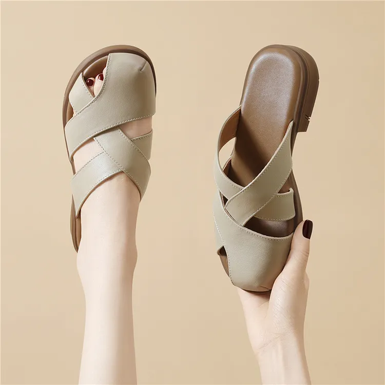 头层牛皮包头半拖鞋女外穿2025年春季新款厚底拖鞋时尚百搭凉拖鞋