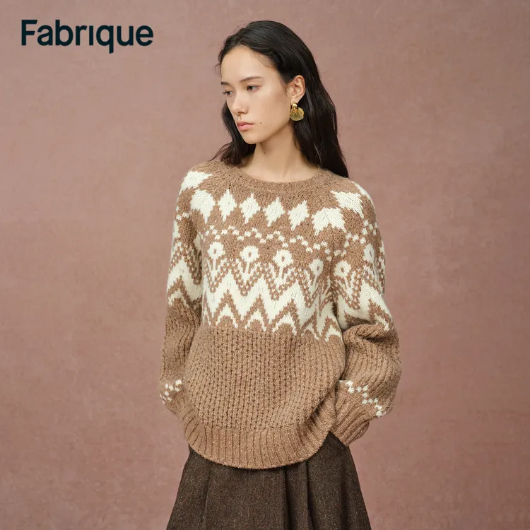 Fabrique Vigga秋冬新品奶油曲奇绵羊毛粗棒针费尔岛圆领针织毛衣
