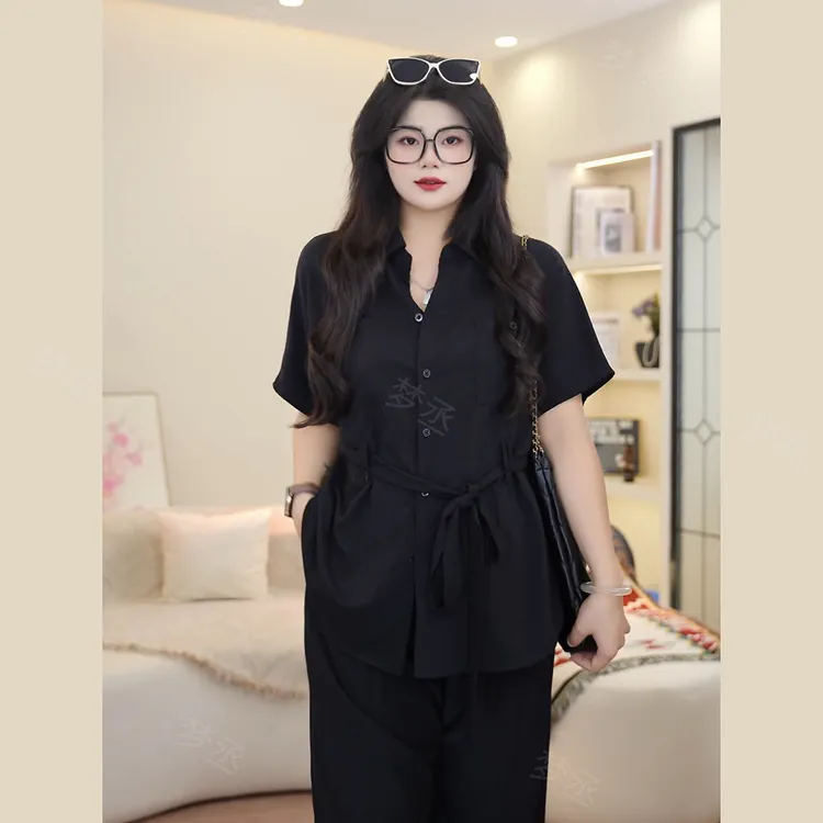 梦丞-夏季大码女装时尚显瘦绑带收腰衬衫上衣+阔腿裤两件套装女