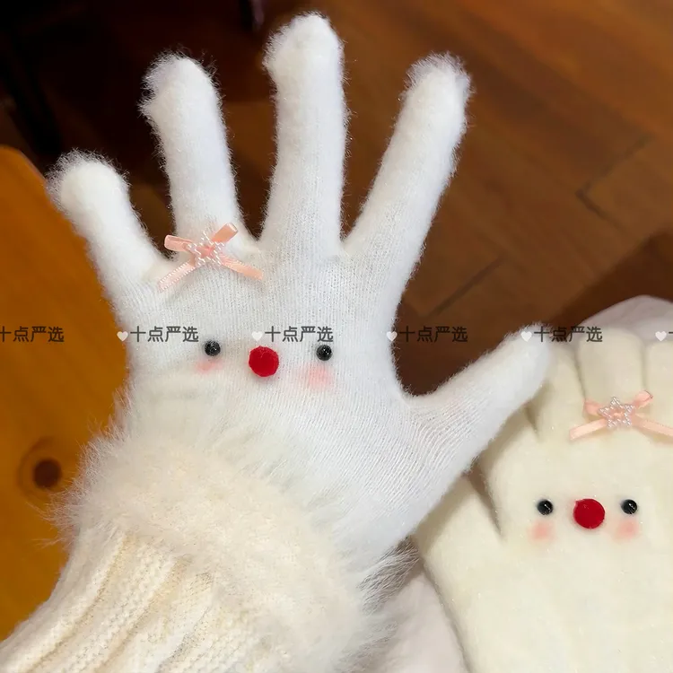 害羞雪人~腮红萌系纯白毛绒五指手套女生冬季少女心学生防寒保暖