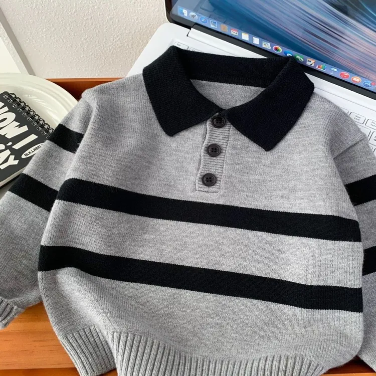 风格针织衫立领条纹毛衣长袖学院风翻领极简风男童儿童毛衣宝宝