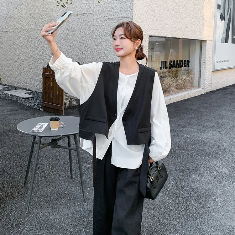 韩系简约休闲套装女秋季2025新款松弛感穿搭马甲衬衫阔腿裤三件套