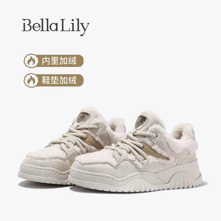 BellaLily2025冬季新款百搭加绒毛毛休闲鞋女保暖厚底鞋牛皮板鞋