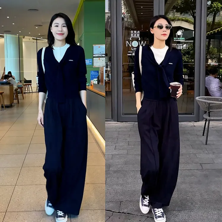 2025秋季新款设计感时尚套装百搭气质长袖上衣女休闲阔腿裤两件套