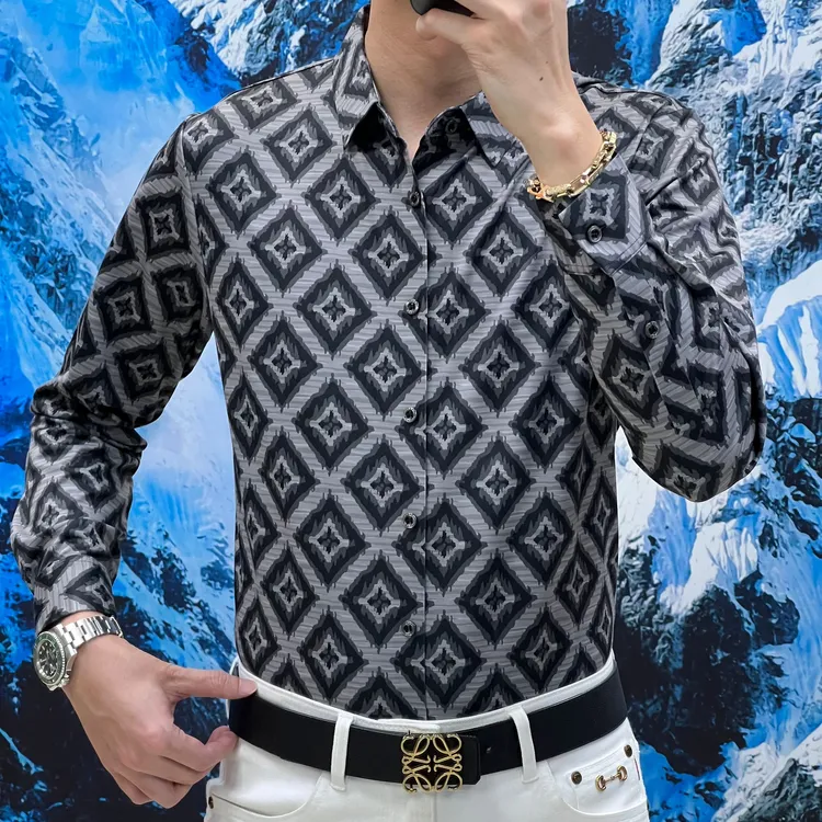 2025男士（蚕丝绵羊毛）秋季抗皱免烫弹力易打理耐磨印花长袖衬衫