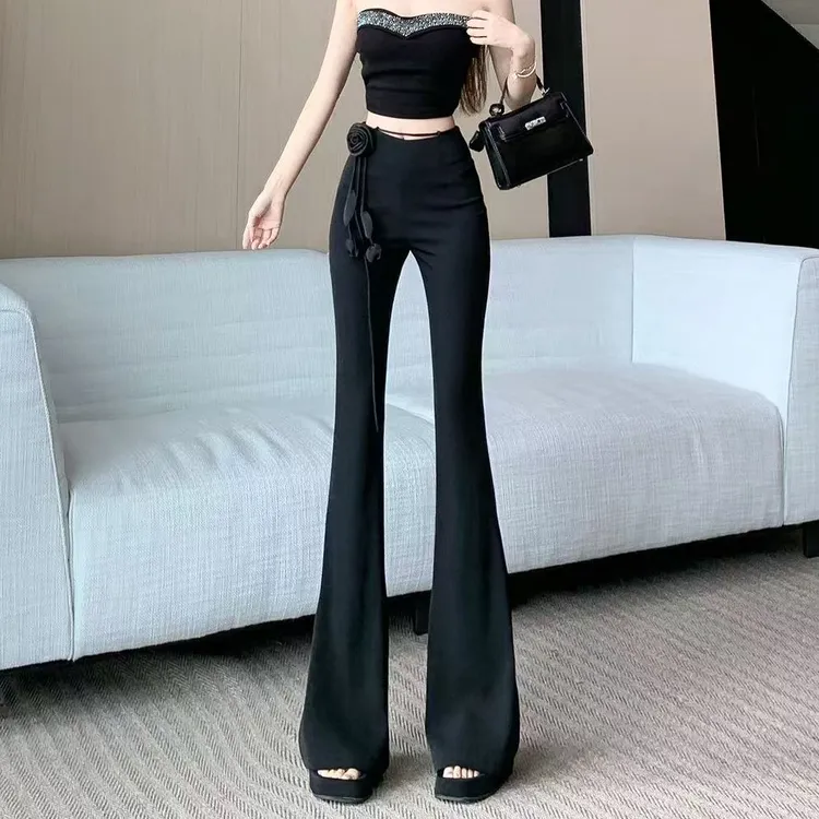 复古玫瑰扎花西装微喇裤女春夏薄款设计感高腰垂感显瘦黑色休闲裤