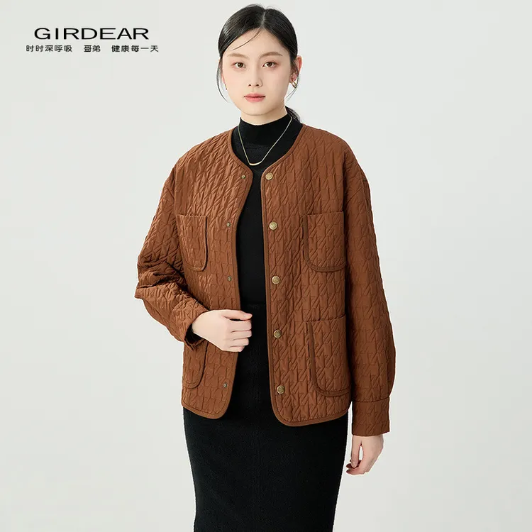 哥弟品质女装新款时尚高级气质口袋设计感圆领小棉服外套1400767