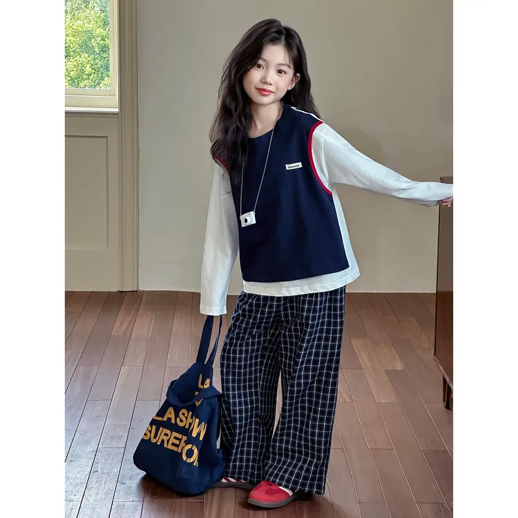 日韩系女童装假两件T恤格子裤秋装大童独特超好看套装开学季衣服