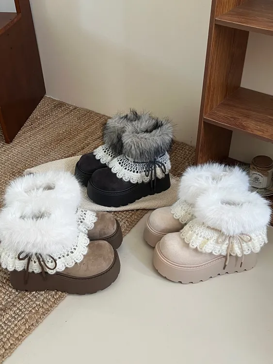 啄木鸟费尔岛毛毛厚底保暖雪地靴女款2025新款冬季加绒加厚棉靴子
