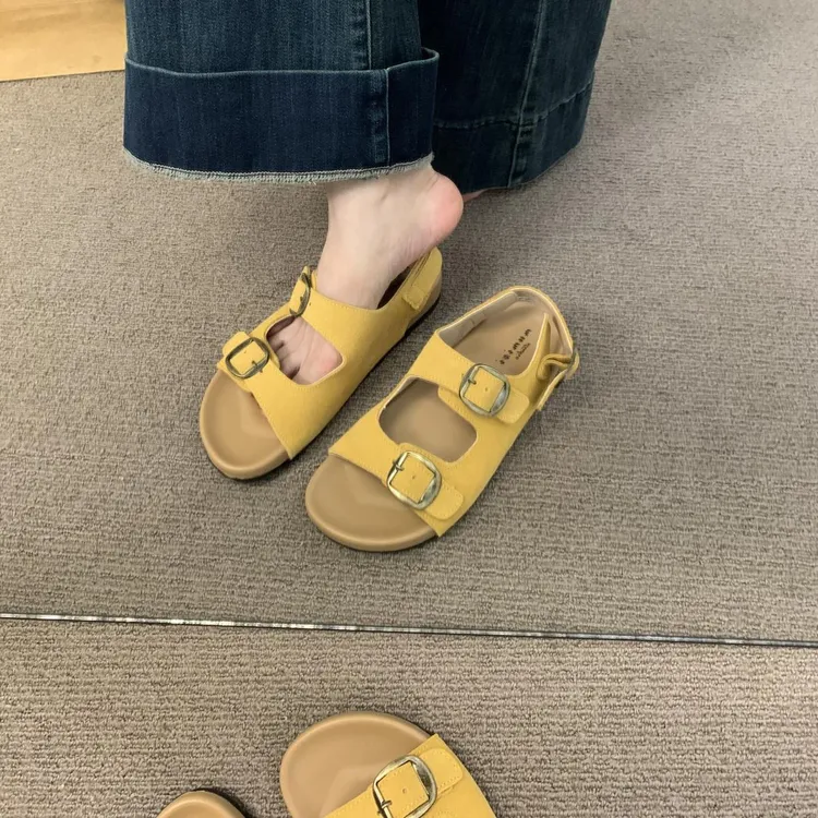 复古文艺森系真皮厚底一字露趾勃肯凉拖鞋女2025新款网红外穿凉鞋