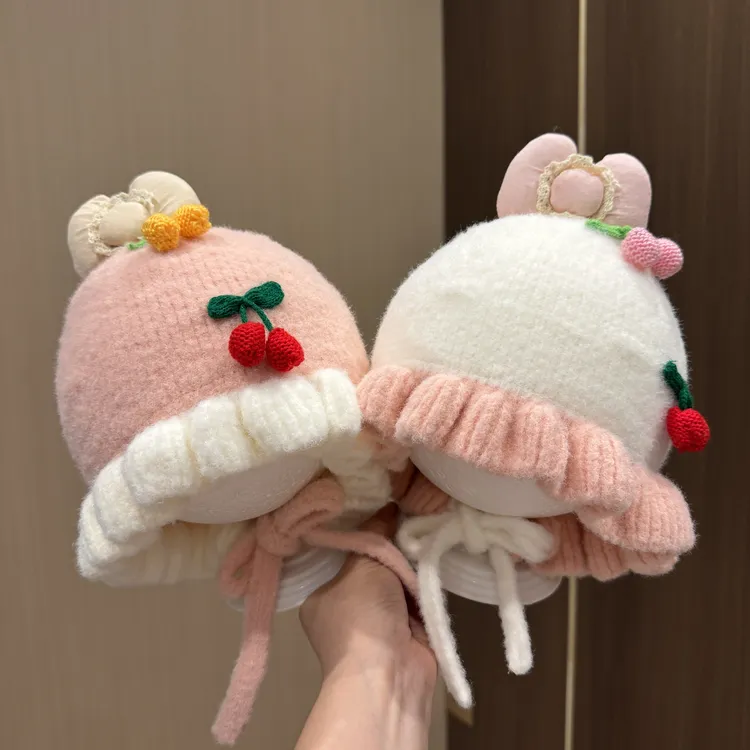 MIDIXIN/米迪昕婴儿护耳帽女童花边针织套头帽女宝宝甜美风毛线帽