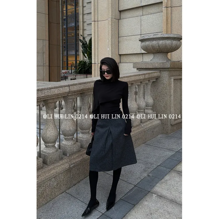 LIHUILIN/复古通勤压褶显瘦毛呢A字半身裙（含50%羊毛）