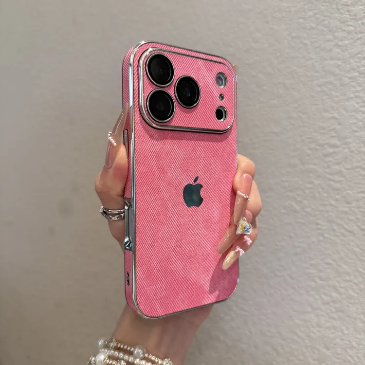 玫红色大视窗牛仔纹适用苹果17promax手机壳iPhone16防摔15全包14