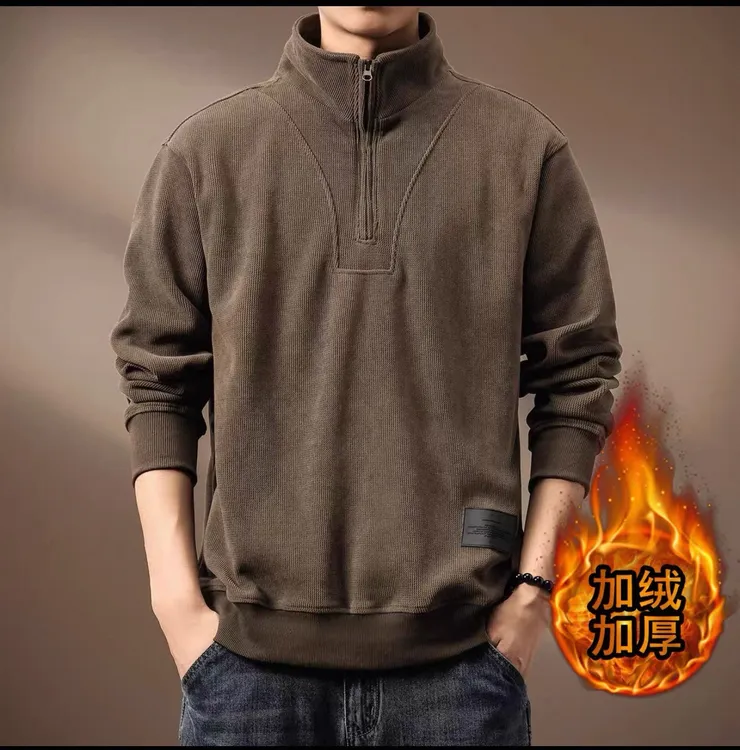 美式大码复古秋冬重磅半拉链高领卫衣男加绒大码宽松外套男卫衣潮