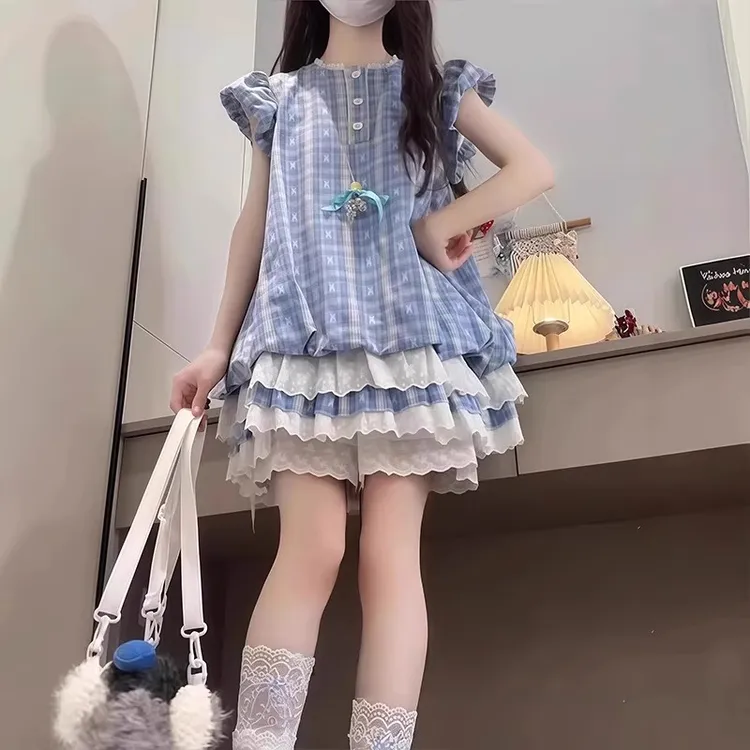 女童法式裙子泡泡袖格子连衣裙儿童学院风蛋糕裙夏季2025新款大童