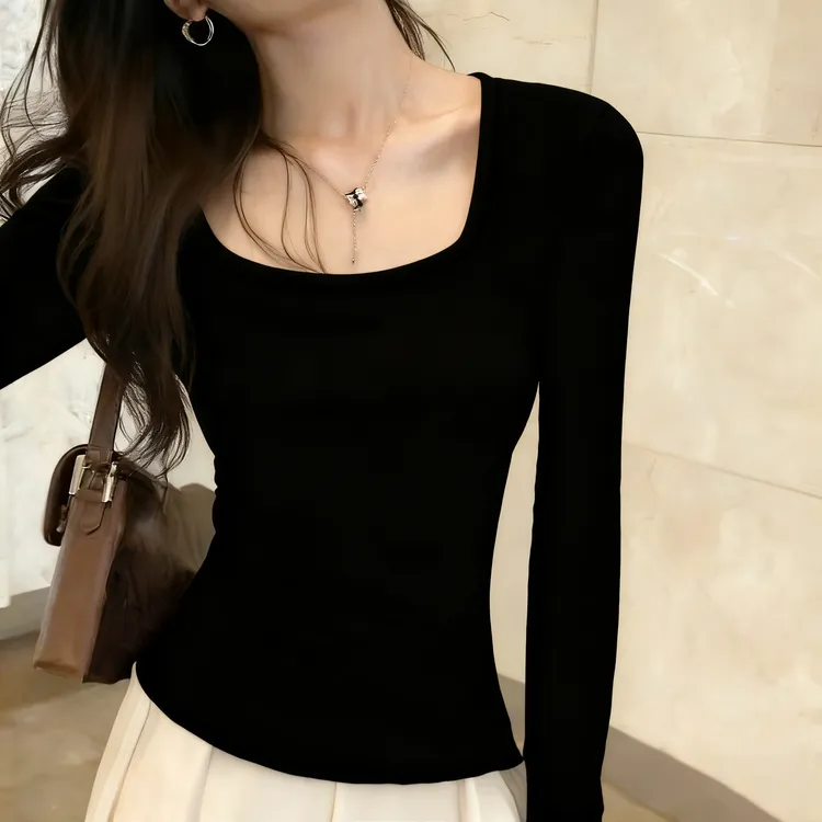 白色方领别致气质打底衫秋冬2025新款低领长袖加厚内搭洋气上衣