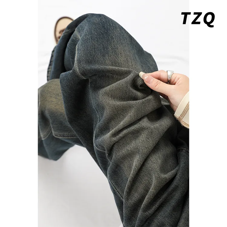 美式阔腿牛仔裤女春季新款小个子高腰垂感拖地直筒裤子TZQ2522027