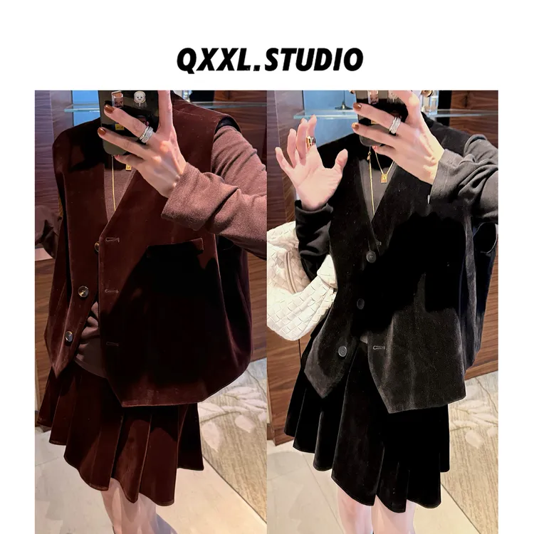 邱小小丽呀 秋季新款丝绒V领短款马甲女休闲百搭无袖单排扣上衣