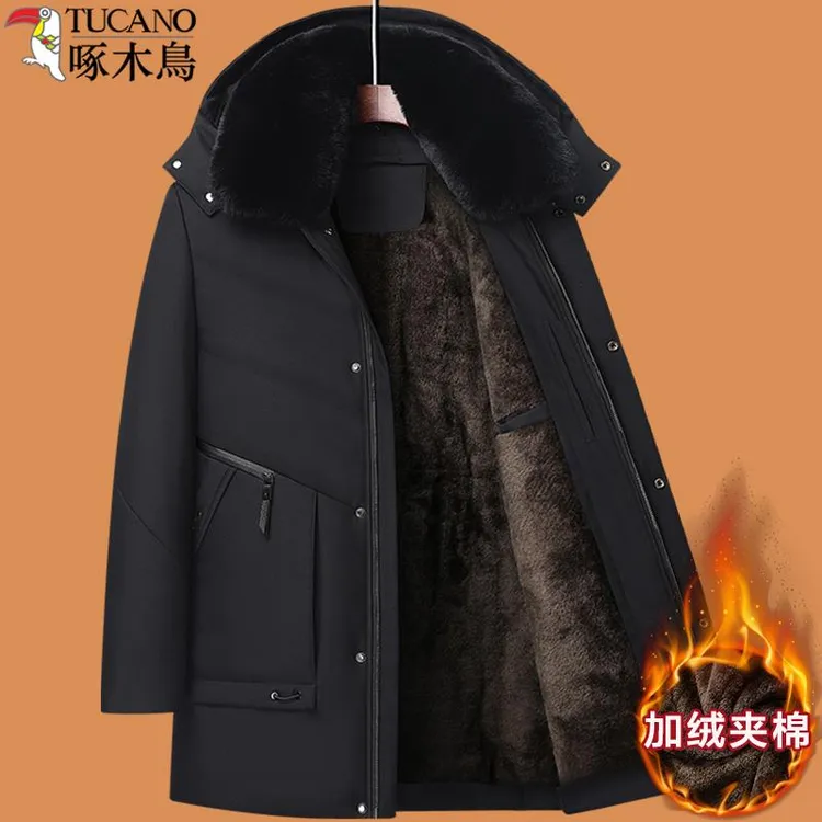啄木鸟爸爸冬装外套装中年加绒加厚棉服男中长款中老年爷爷棉衣服
