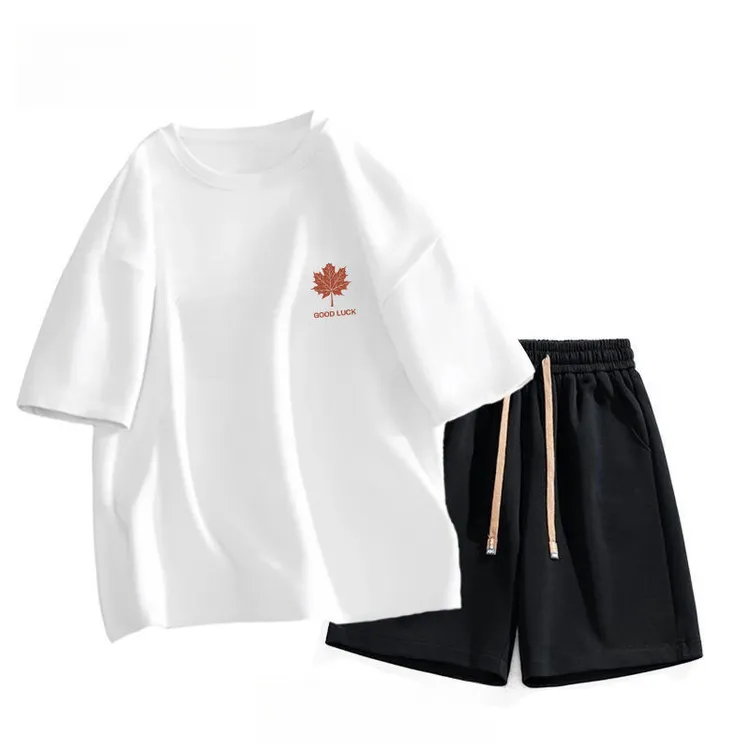 简约宽松夏季短袖套装港风休闲圆领新款百搭男女一整套五分裤半袖