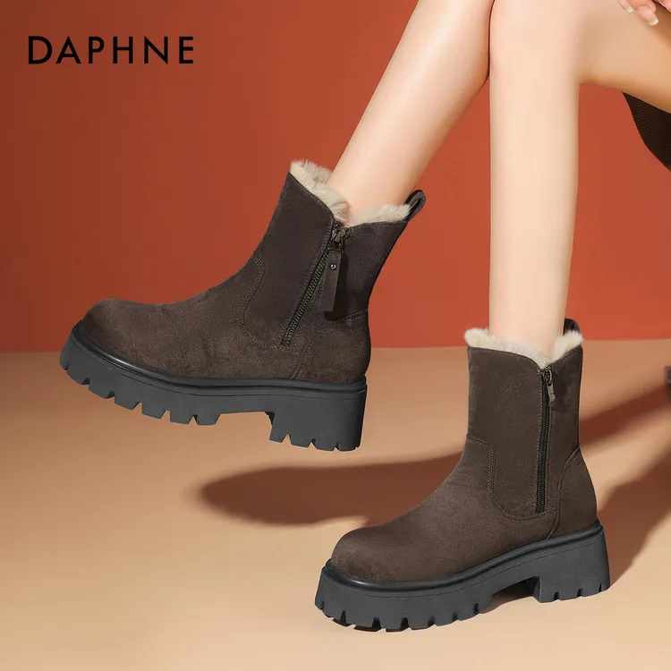 达芙妮品牌加绒加厚女靴秋冬款时尚百搭气质休闲厚底增高雪地靴