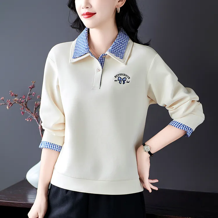 时尚休闲外套女春秋2025新款洋气妈妈装宽松翻领假两件长袖T恤衫