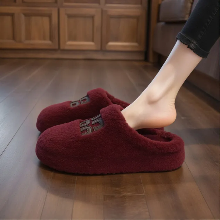 羊羔绒包头毛毛拖鞋女外穿2025新款秋冬厚底字母超软一脚蹬棉拖鞋
