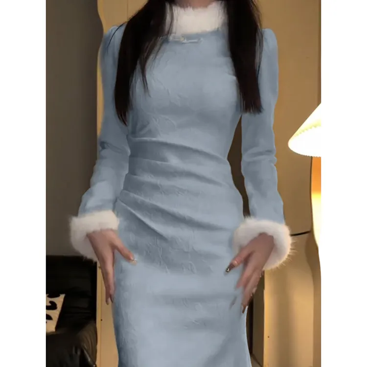 【加绒加厚】新中式国风连衣裙女2025冬季新款气质修身显瘦裙子2838