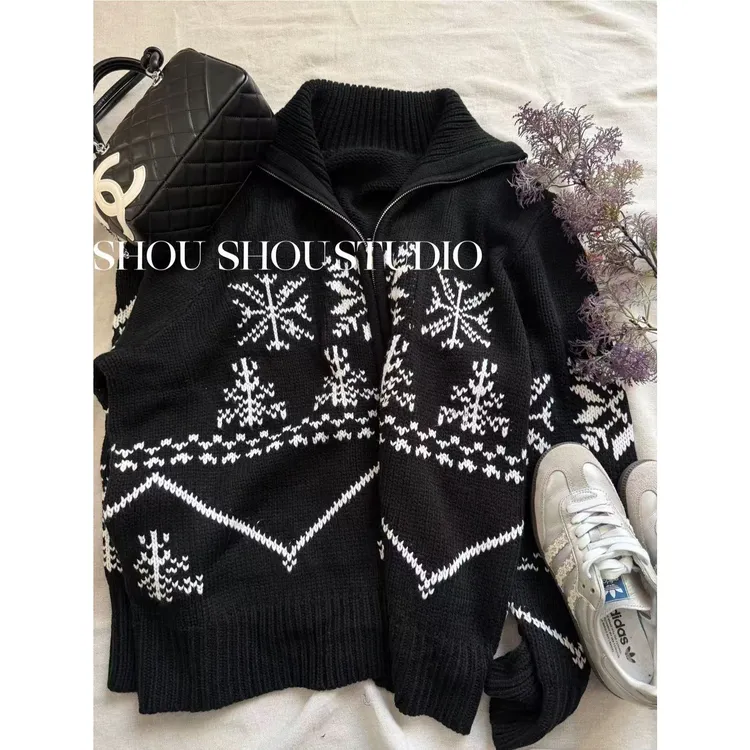 【瘦瘦】大码翻领雪花费尔岛双头拉链节日氛围感开衫毛衣S02330