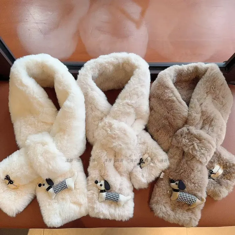 卡通小狗毛绒围巾女冬季韩版时尚百搭保暖护颈毛毛围脖2025新款