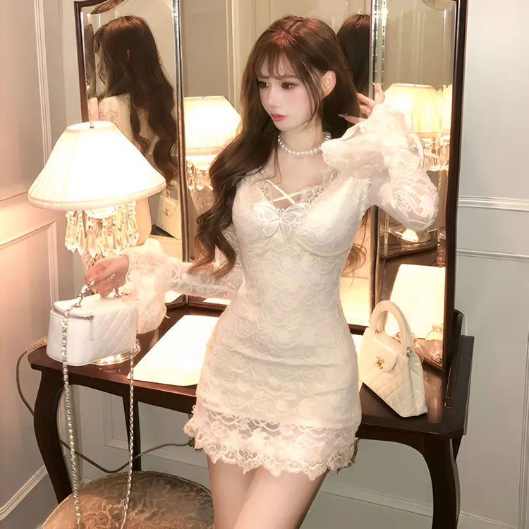 SISI JIANG"温柔陷阱"气质温柔纯欲蕾丝紧身包臀裙白色修身连衣裙