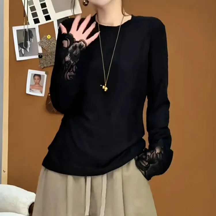 时尚内搭打底衫气质上衣女2025早秋微胖mm高级感蕾丝镂空长袖t恤