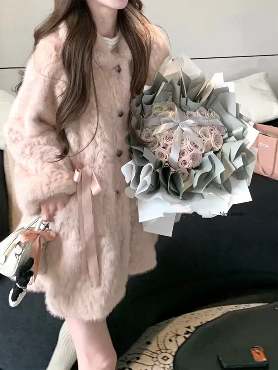 韩系甜美中古粉豹环保毛毛外套女中长款皮毛一体