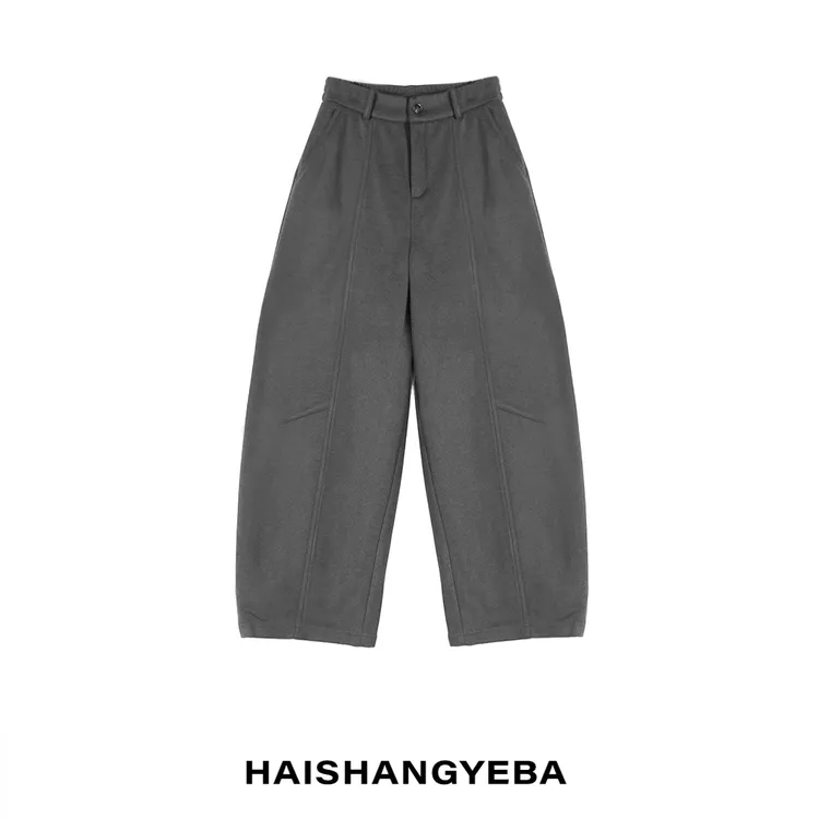 【海上叶爸】新款2025秋冬百搭骆驼绒中高腰宽松简约弯刀休闲裤